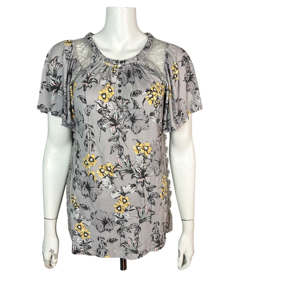 Deletta Anthropologie Floral Top Medium Lace Trim Flutter Sleeve Cottage Boho